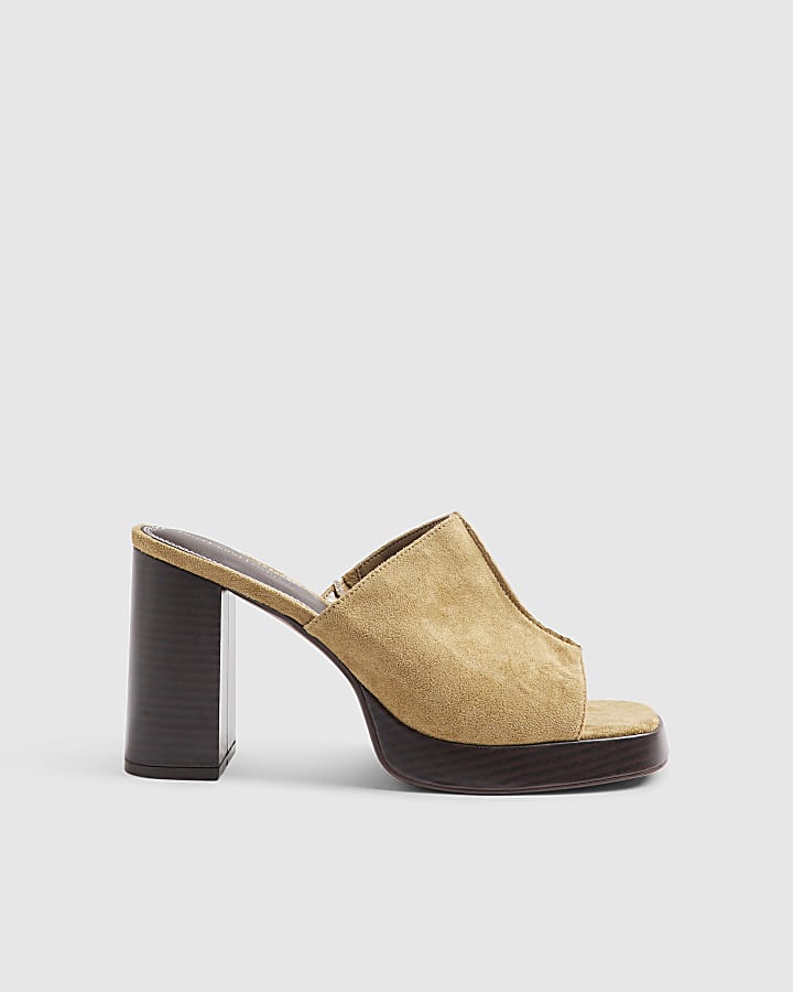 Beige Faux Suede Heeled Mule Sandals