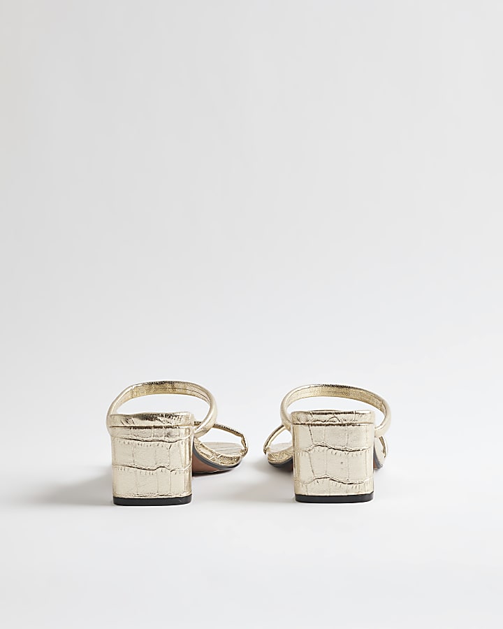 Gold Croc Strappy Heeled Mule Sandals
