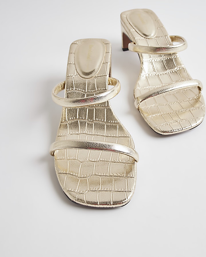 Gold Croc Strappy Heeled Mule Sandals