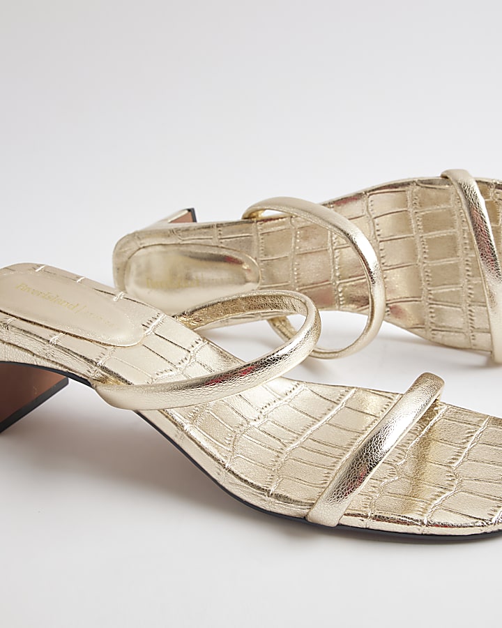 Gold Croc Strappy Heeled Mule Sandals
