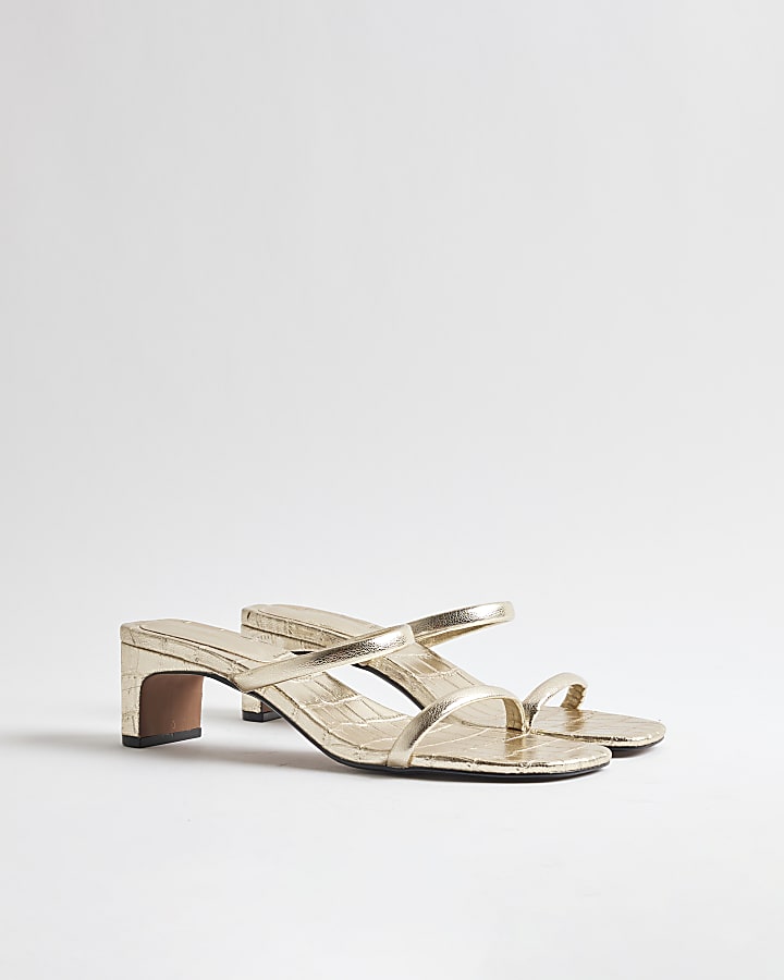 Gold Croc Strappy Heeled Mule Sandals