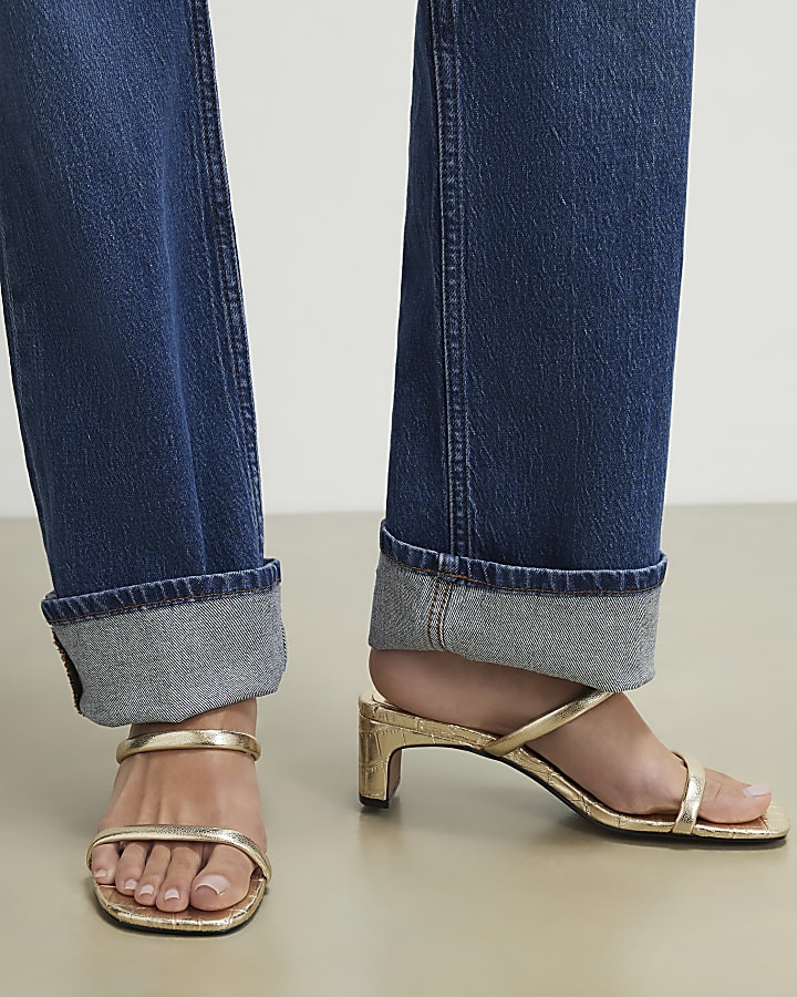 Gold Croc Strappy Heeled Mule Sandals