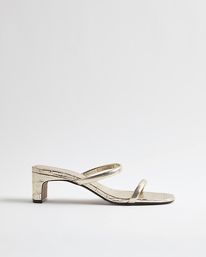 Gold Croc Strappy Heeled Mule Sandals