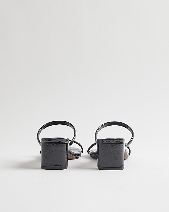 Black Strappy Croc Heeled Mule Sandals
