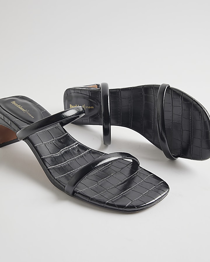 Black Strappy Croc Heeled Mule Sandals