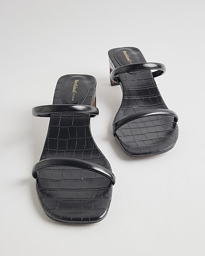 Black Strappy Croc Heeled Mule Sandals