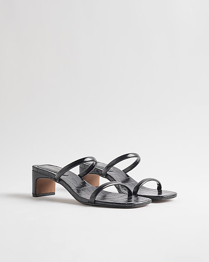 Black Strappy Croc Heeled Mule Sandals