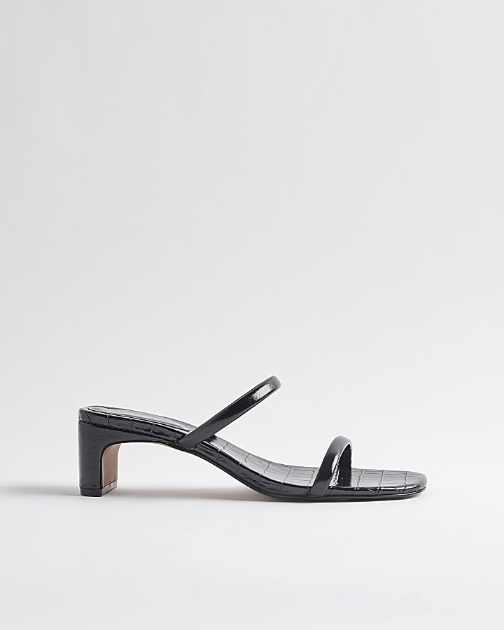 Black Strappy Croc Heeled Mule Sandals