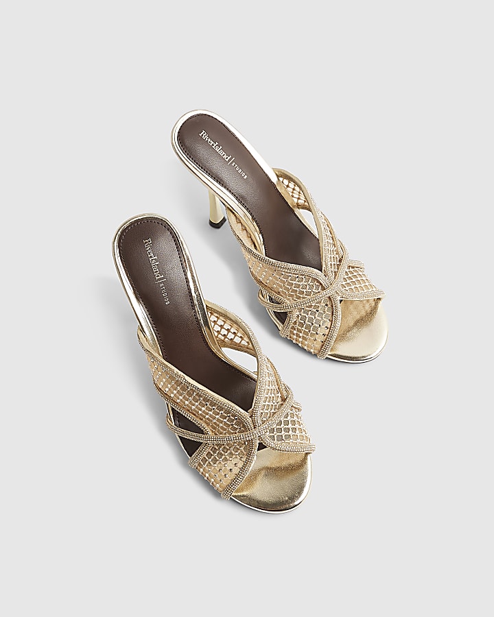 Gold Diamante Mesh Heeled Mules