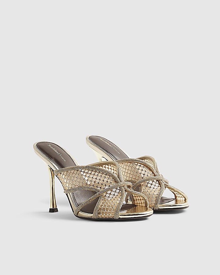 Gold Diamante Mesh Heeled Mules