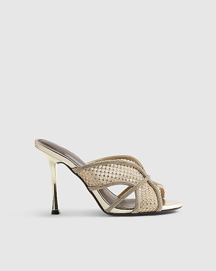 Gold Diamante Mesh Heeled Mules