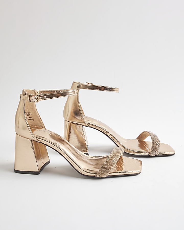Rose Gold Diamante Strap Block Heel Sandals