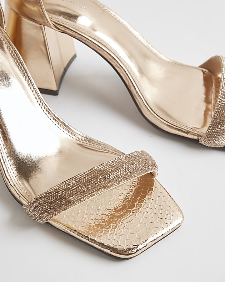 Rose Gold Diamante Strap Block Heel Sandals