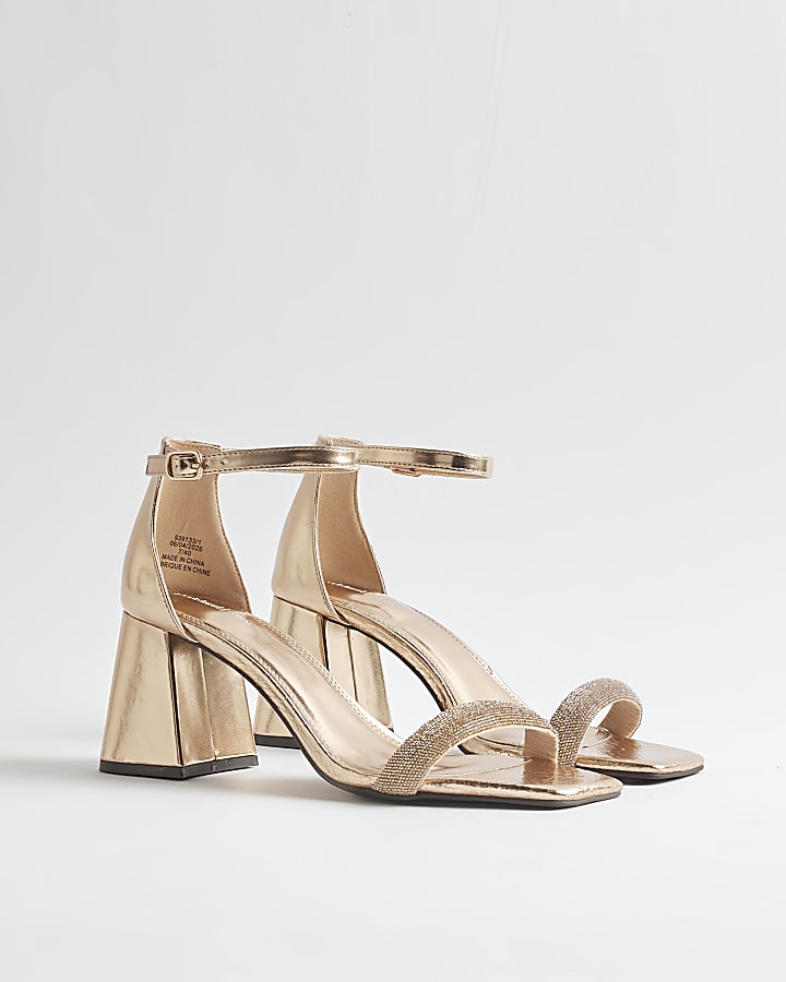 Rose Gold Diamante Strap Block Heel Sandals
