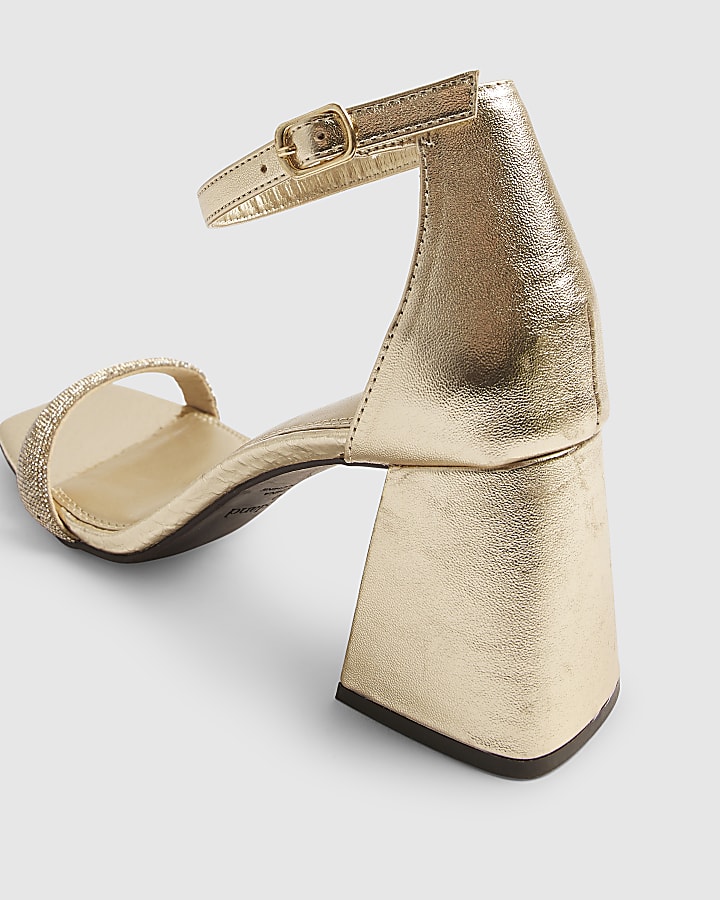 Gold Diamante Strap Closed Back Block Heels