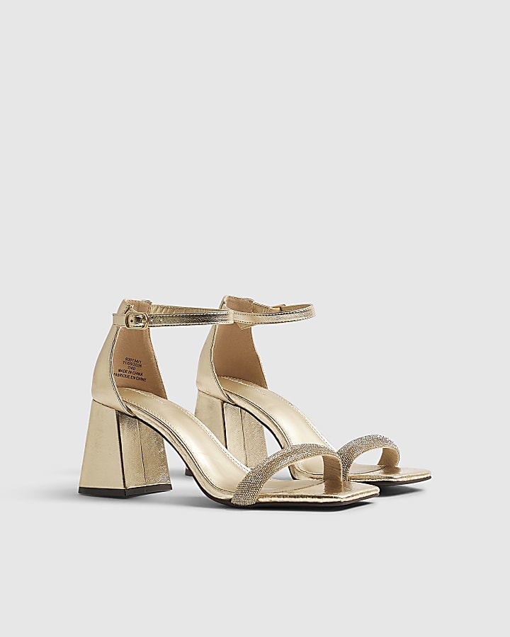 Gold Diamante Strap Closed Back Block Heels