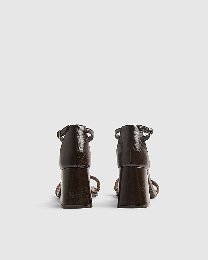 Brown Diamante Strap Closed Back Block Heels