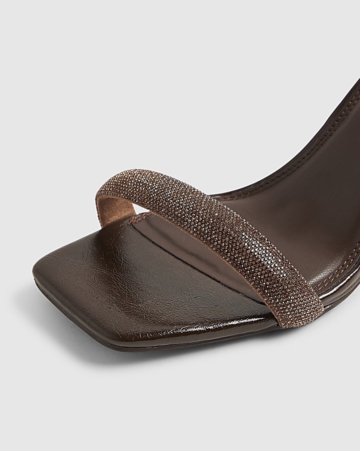 Brown Diamante Strap Closed Back Block Heels