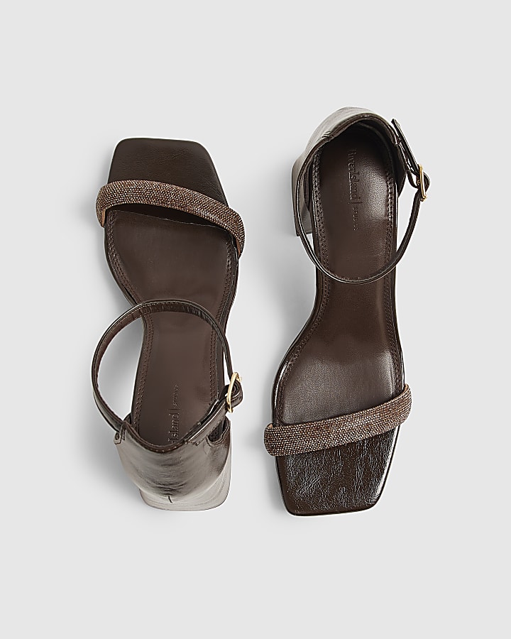 Brown Diamante Strap Closed Back Block Heels