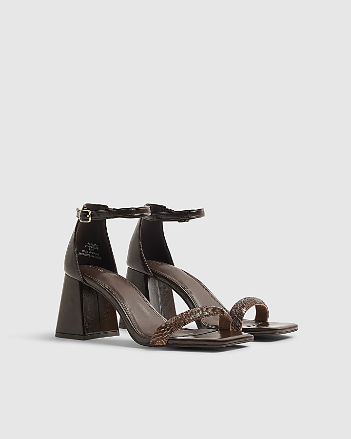 Brown Diamante Strap Closed Back Block Heels