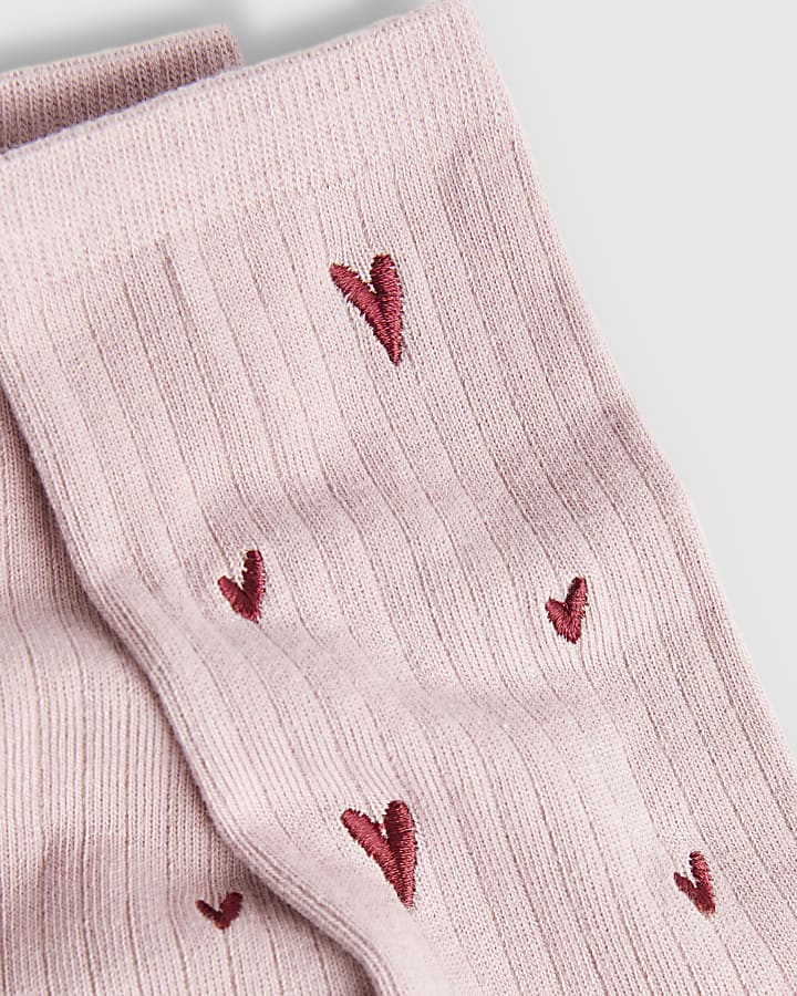 Pink Embroidered Heart Socks