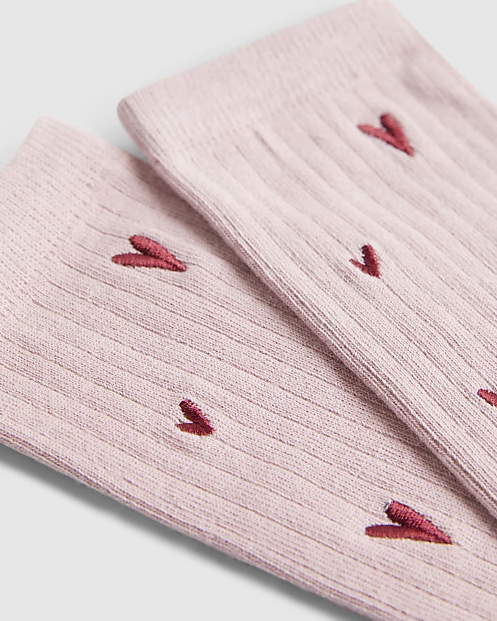 Pink Embroidered Heart Socks