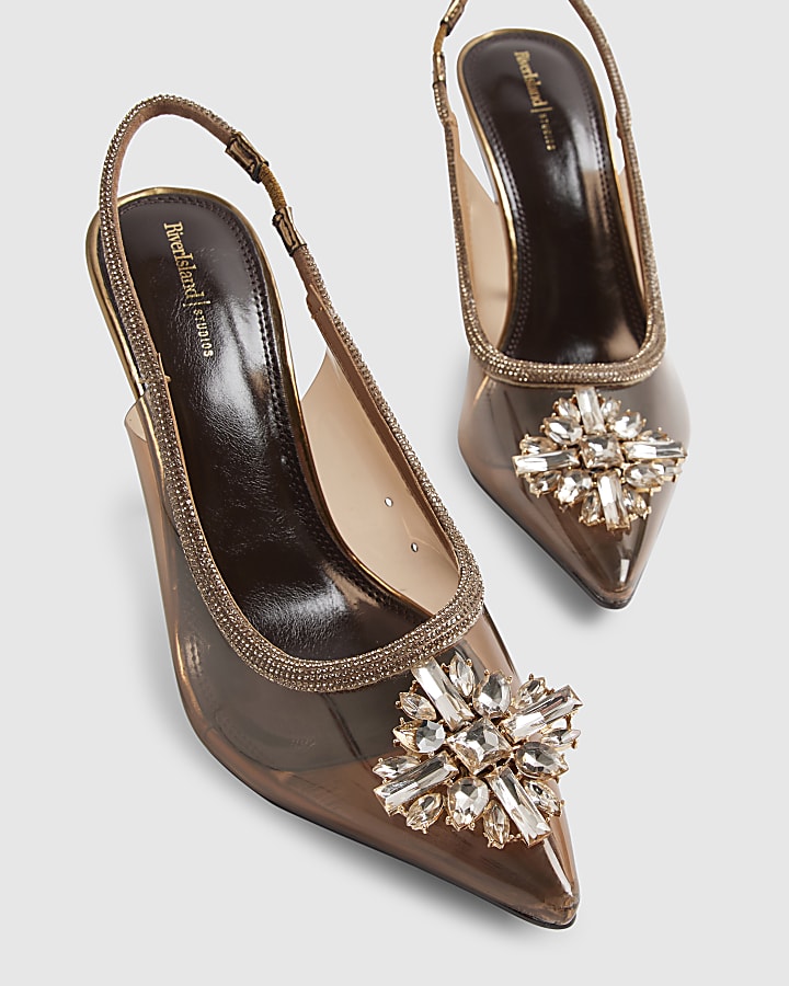 Brown Perspex Diamante Court Heels