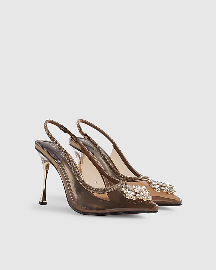 Brown Perspex Diamante Court Heels