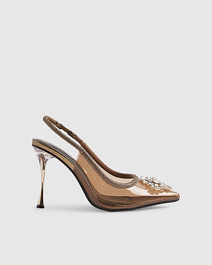 Brown Perspex Diamante Court Heels