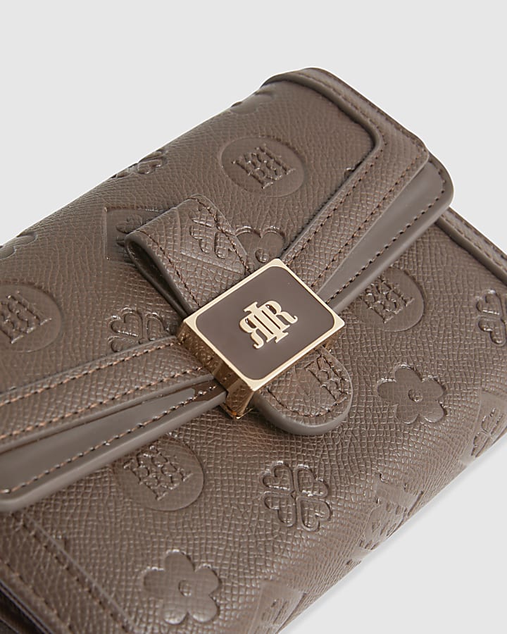 Brown Monogram Print Panelled Tab Purse