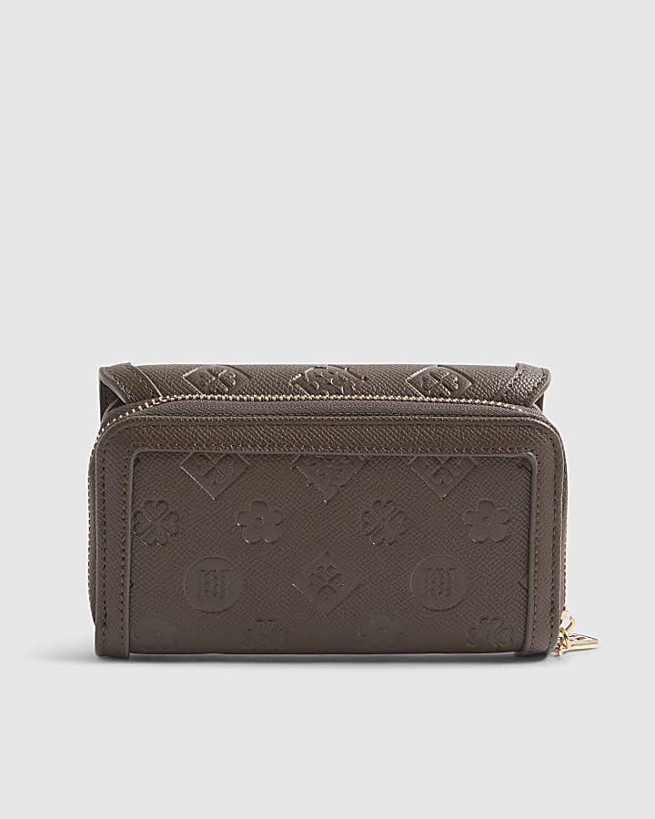 Brown Monogram Print Panelled Tab Purse