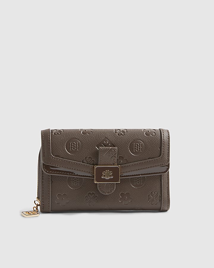 Brown Monogram Print Panelled Tab Purse