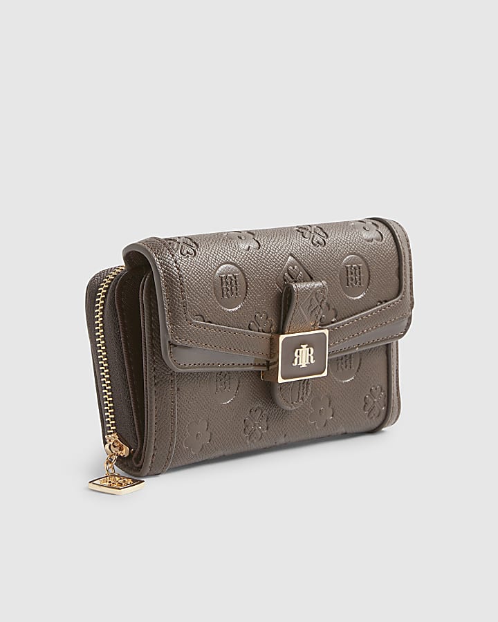 Brown Monogram Print Panelled Tab Purse