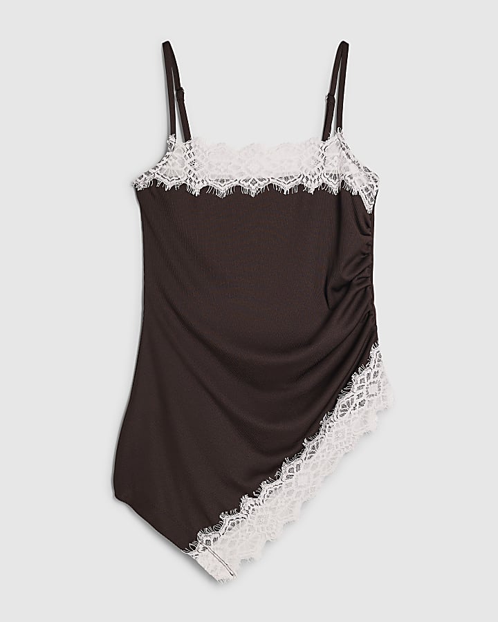 Brown Sleeveless Lace Trim Cami Top