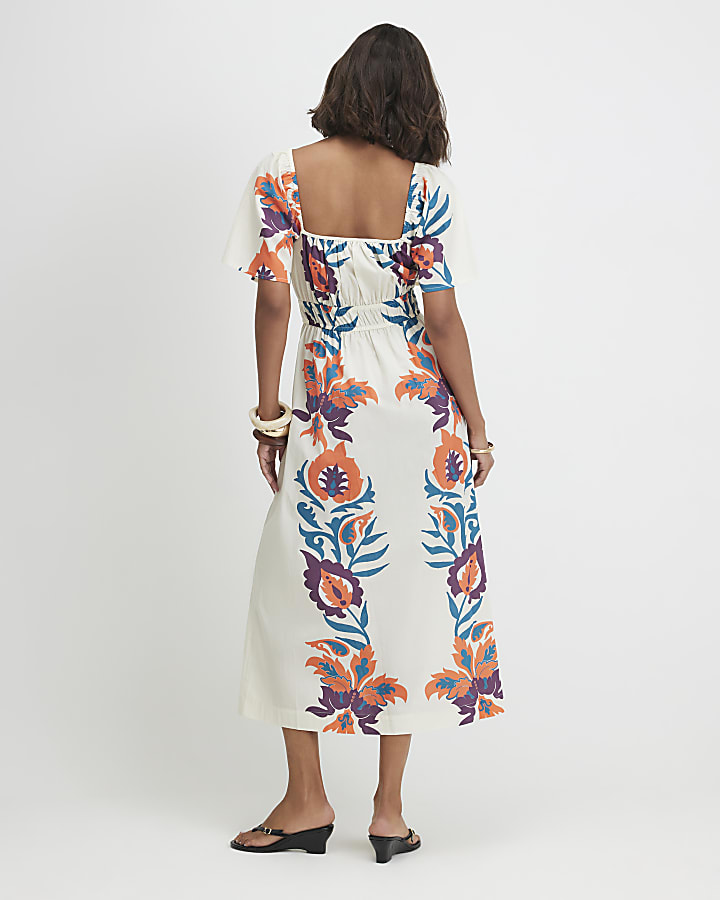White Cotton Two Tone Floral Midi Dress