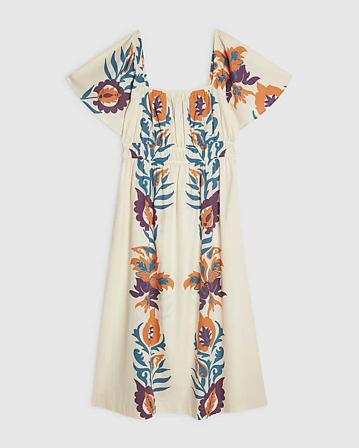 White Cotton Two Tone Floral Midi Dress