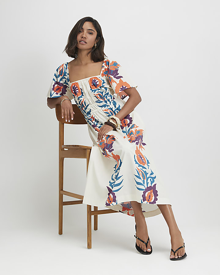 White Cotton Two Tone Floral Midi Dress