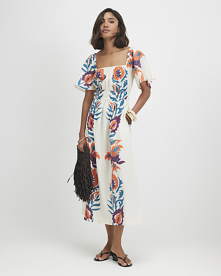 White Cotton Two Tone Floral Midi Dress