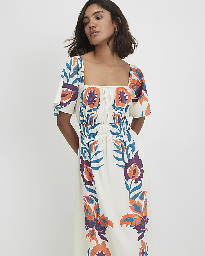White Cotton Two Tone Floral Midi Dress
