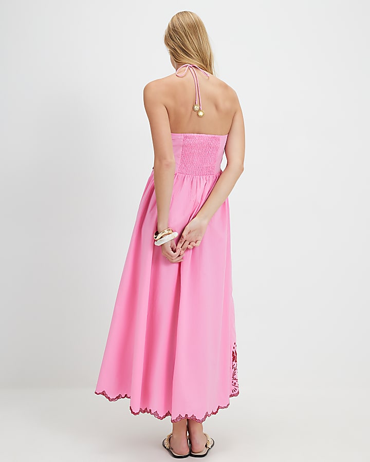 Pink Halter Cutwork Hem Midi Dress