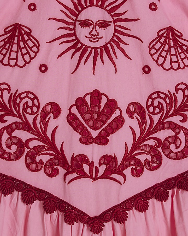 Pink Halter Cutwork Hem Midi Dress