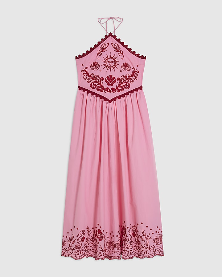 Pink Halter Cutwork Hem Midi Dress