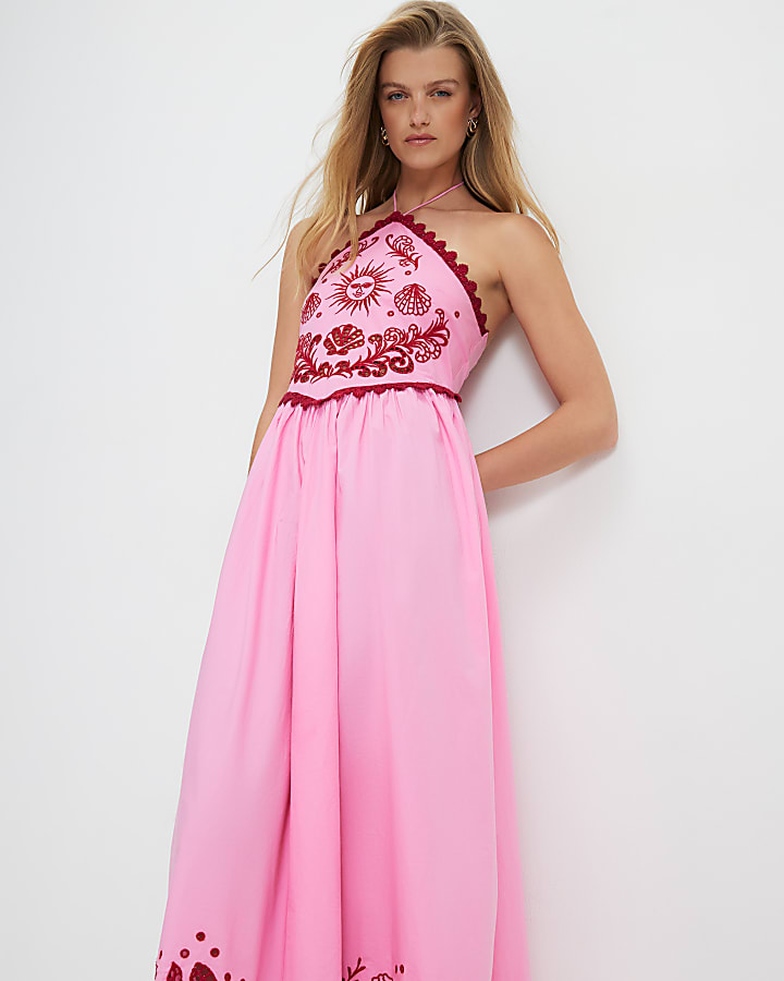 Pink Halter Cutwork Hem Midi Dress
