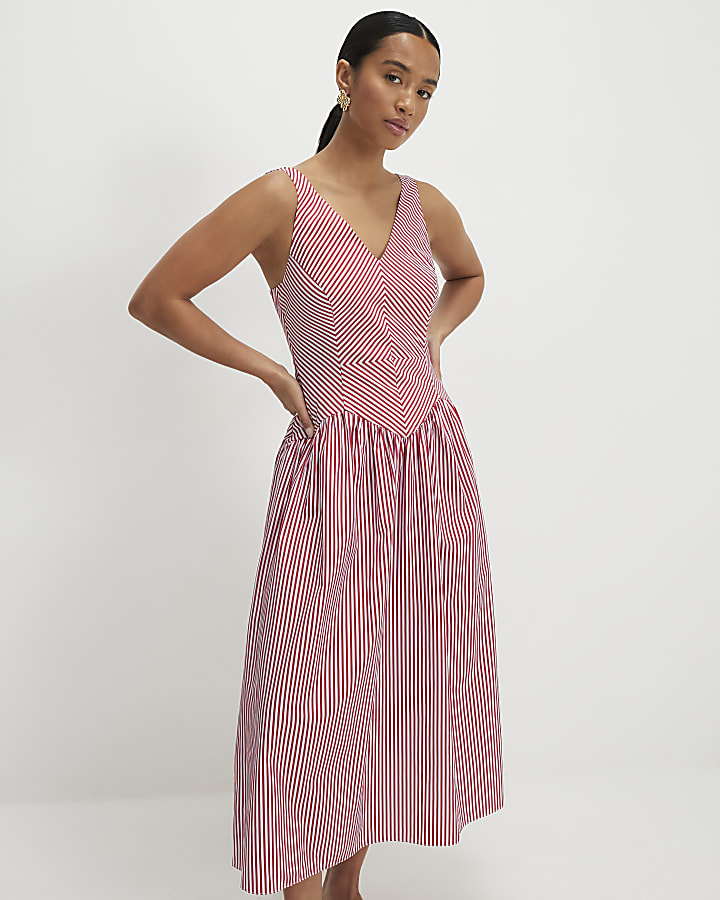 Red Petite V Neck Stripe Midi Dress