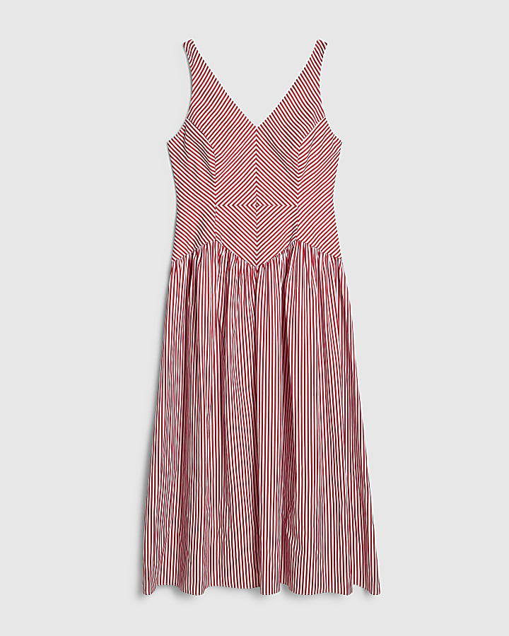 Red Petite V Neck Stripe Midi Dress