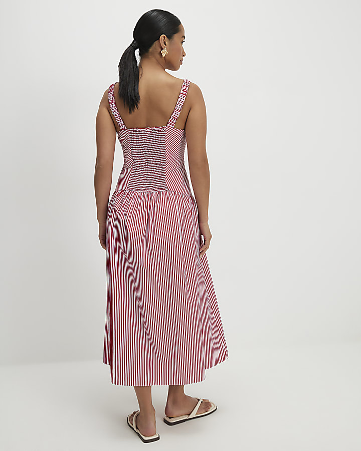 Red Petite V Neck Stripe Midi Dress