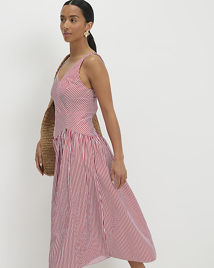 Red Petite V Neck Stripe Midi Dress