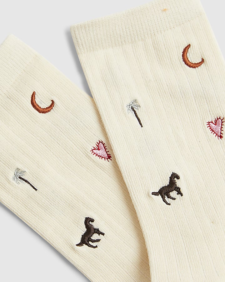 Cream Embroidered Rodeo Socks