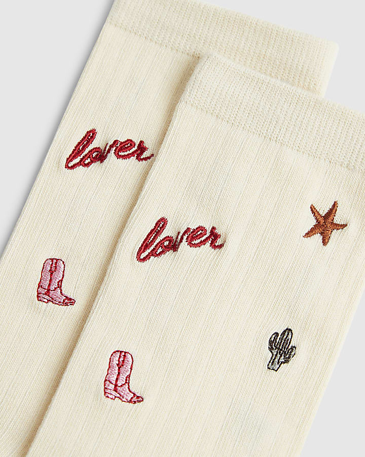 Cream Embroidered Rodeo Socks