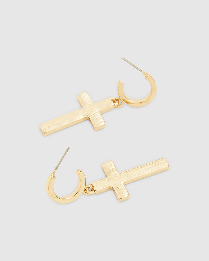 Gold Diamond Simulant Cross Hoop Earrings